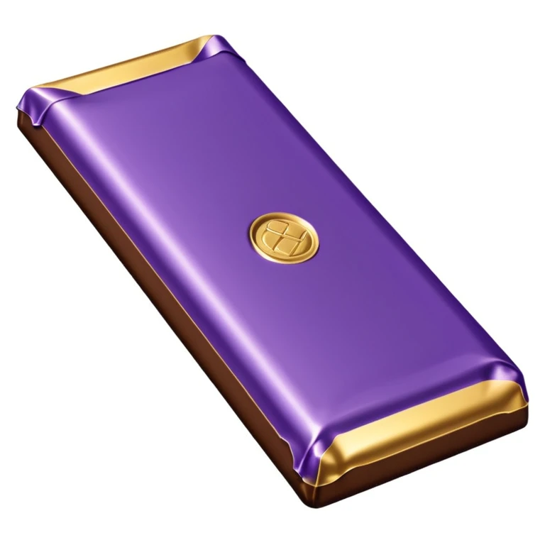 3D chocolate bar, shiny and smooth surface, partially unwrapped in a purple and gold foil wrapper, minimal but elegant design, rich brown chocolate with glossy highlights, stylized and iconic, no text or branding, isolated on white background, soft shadows, high-quality render emoji