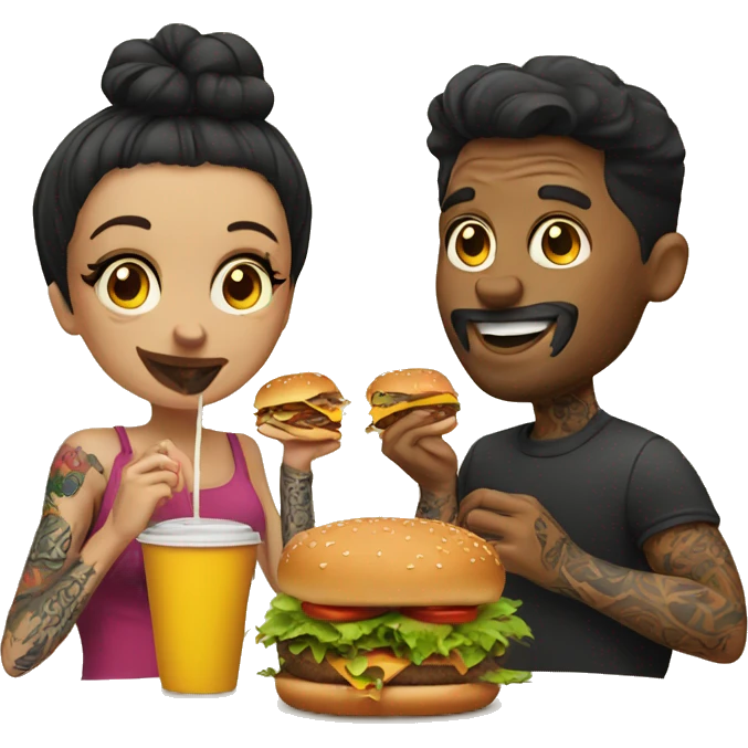 Beautiful tattooed couple eating burgers emoji