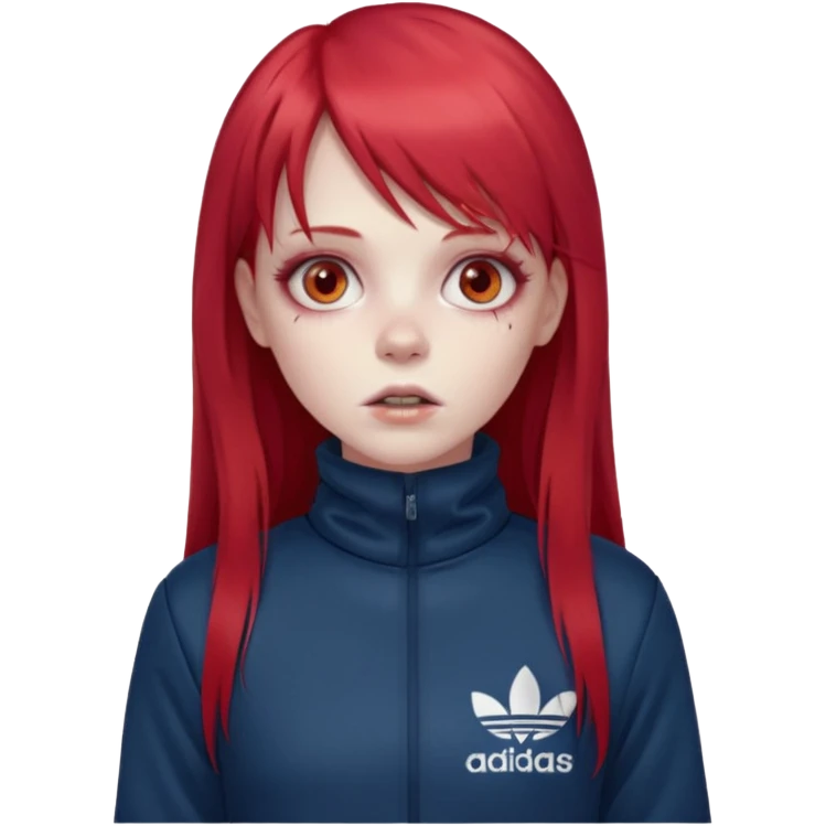 Crie um emoji de uma menina com bochecha gordinha com o cabelo vermelho longo com uma franja reta zumbi casaco de gola alta da adidas emoji