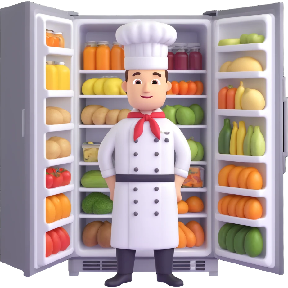 a chef in front of the fridge full of food emoji