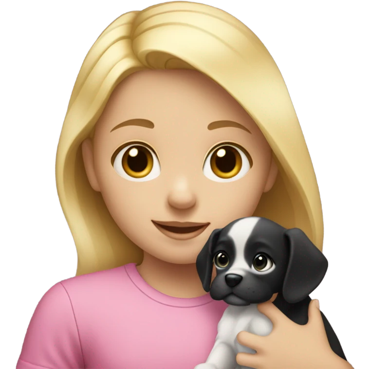 little blonde girl in a pink shirt with a black and white puppy emoji