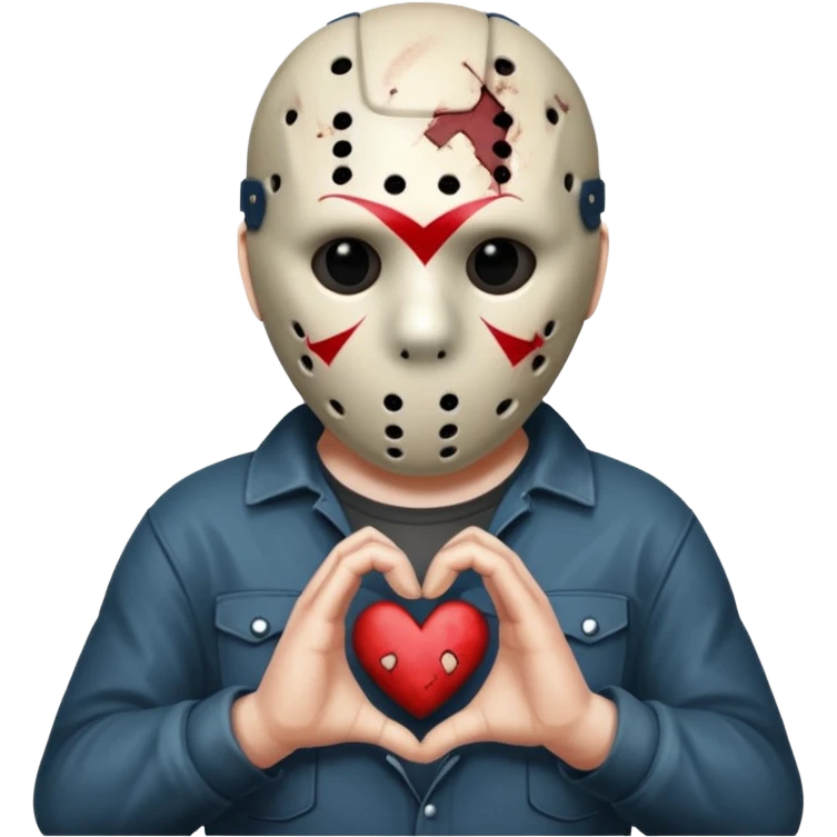 Jason Voorhees, looking cute, making a heart with his hands emoji