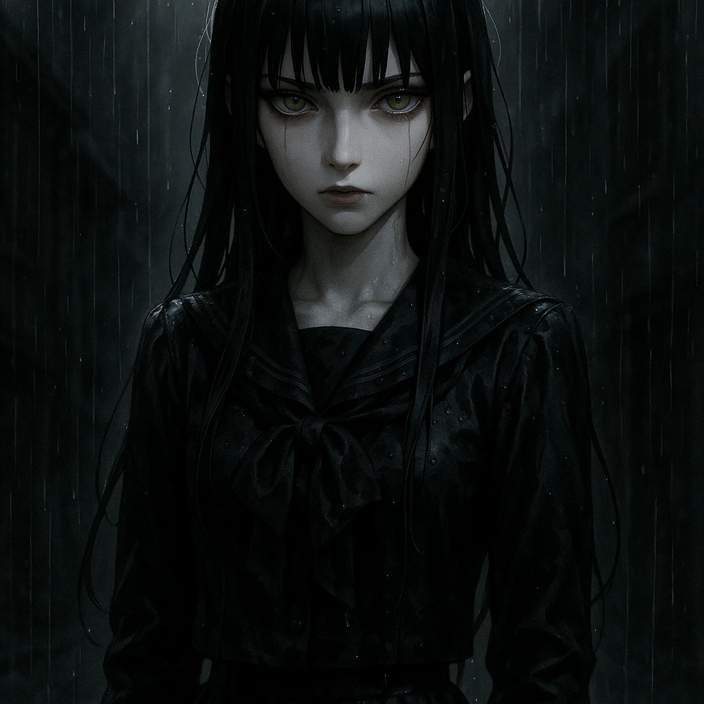 EchoMoon, silent mysterious anime girl, long black hair, sharp bangs, pale skin, amber green eyes, cold beauty, wet black school uniform, gloves, standing in rain, cinematic noir atmosphere, dramatic shadows, gothic shoujo, ultra-detailed emoji