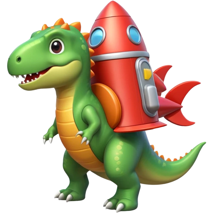 cute toy-like rocket-propelled dinosaur, rounded shapes, glossy texture, colorful rocket backpack, happy expression, 3D cartoon, mobile game icon style, clean background, no text, no watermark
 emoji