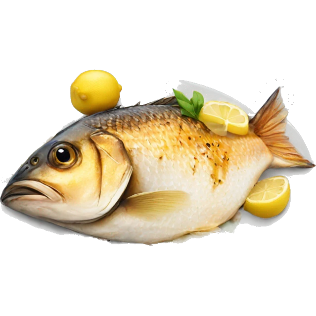 Realistic grilled fish with lemon on the side emoji