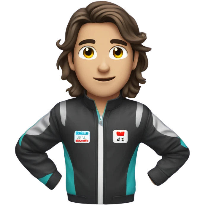 Brunnete boy with semi long hair wearing a karting suit emoji
