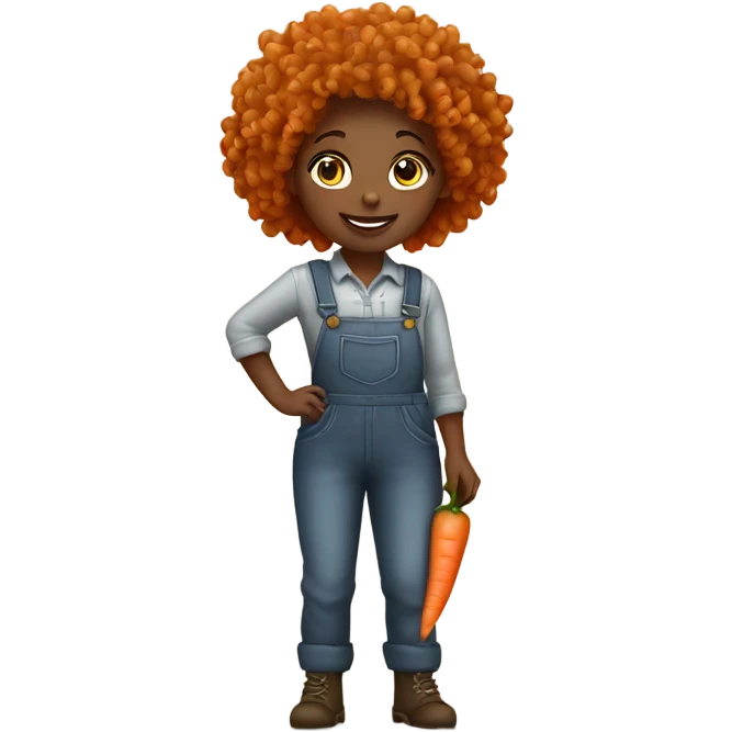 full body farmer girl with curls and curly hair, holding carrots emoji