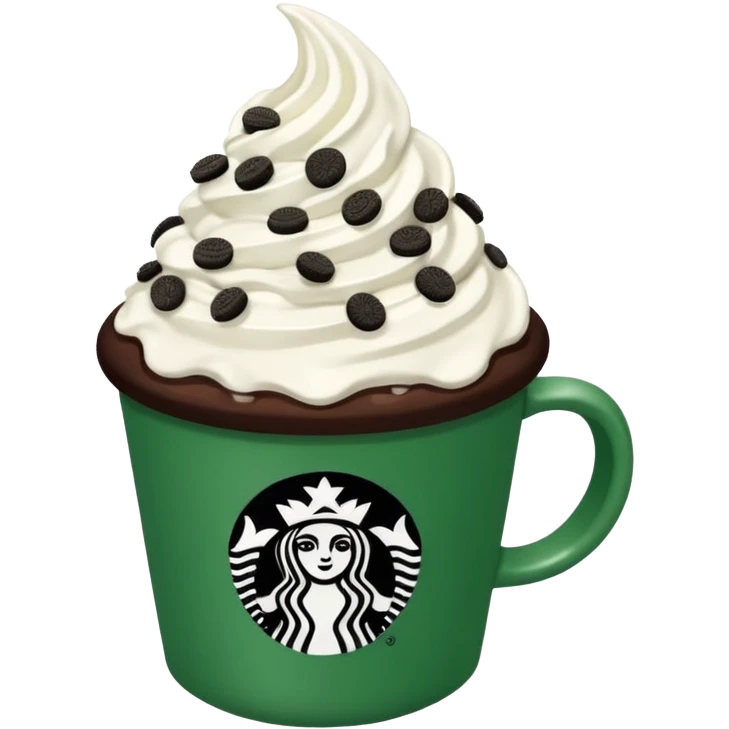  Starbucks hot cocoa with whipped cream and Oreo cookie crumbles in a green Starbucks cup  emoji