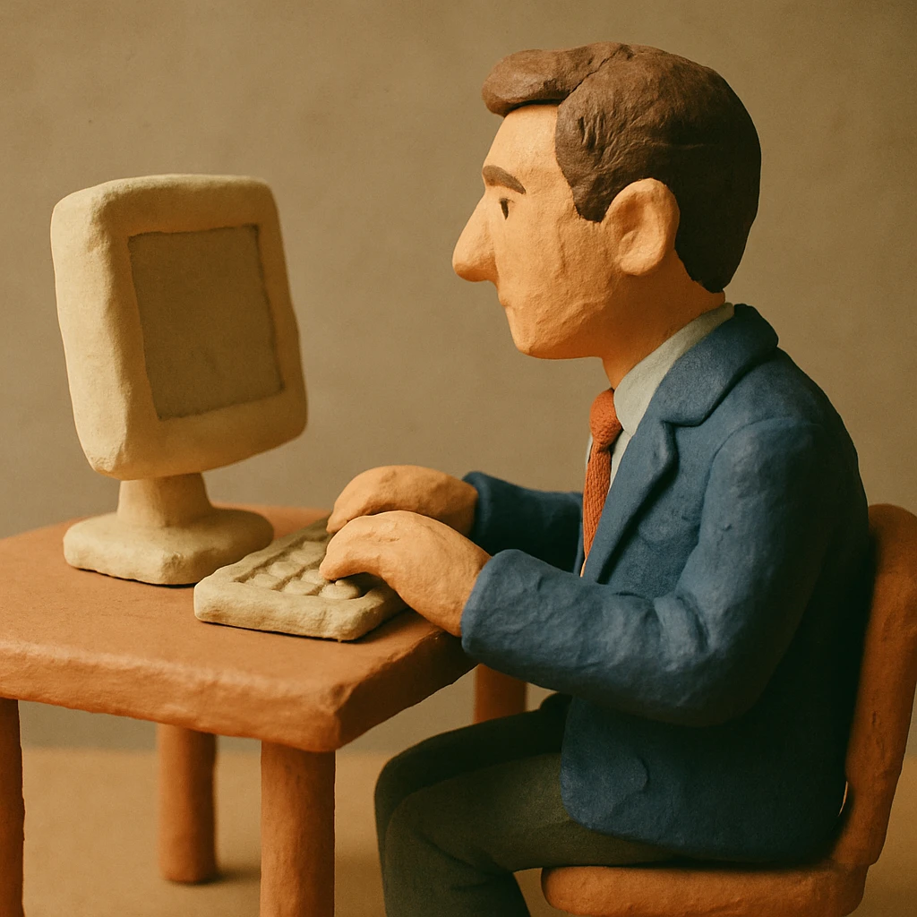 hombre con vestimenta semi-formal, de perfil, frente a una computadora en una mesa sencilla, claymation style emoji