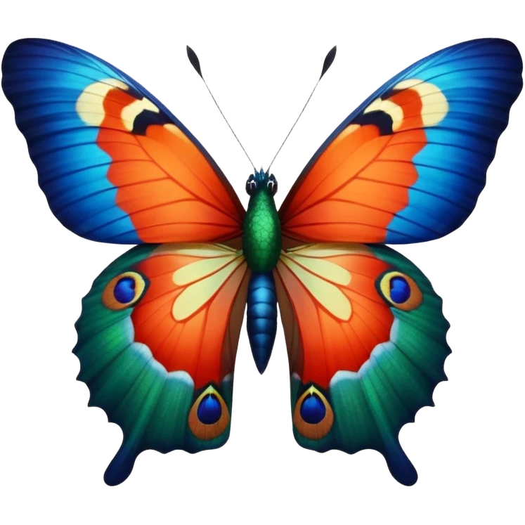 Detailed butterfly with actual realistic Peacock Begonia feathers for wings , 3D rendering, detailed, isolated, close up view emoji