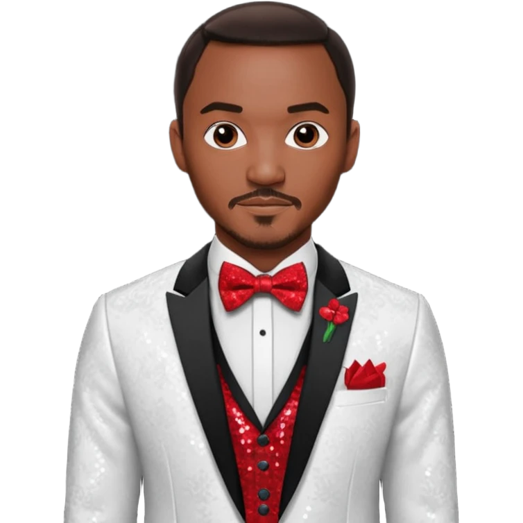 Anthony Mackie with dark brown hair, red shirt, white sequin suit jacket with bow tie emoji