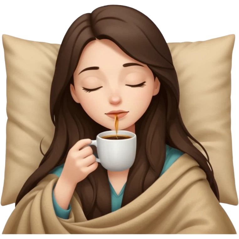 Brunette girl long hair inside a beige blanket sipping coffee eyes closed emoji