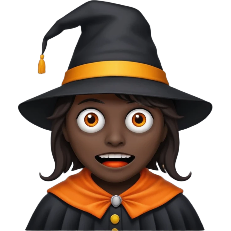 scary babadook with with black skin, brown hair and a hat that's bright orange and yellow emoji