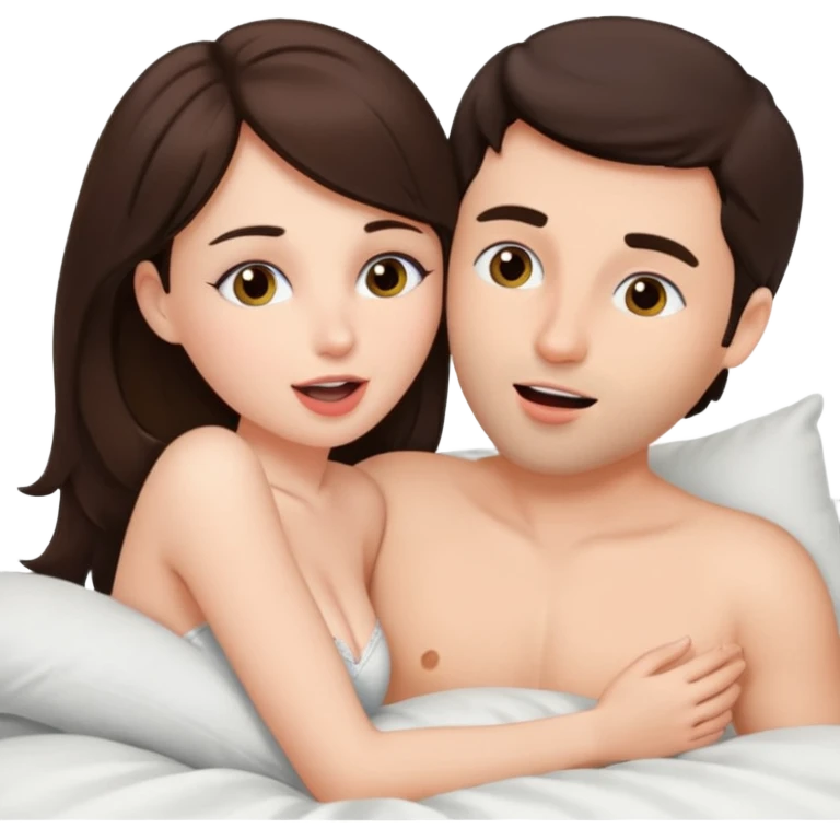 Brunette performing oral sex on a male in bed emoji