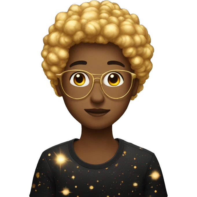 Person wearing t shirt filled with golden galaxies emoji