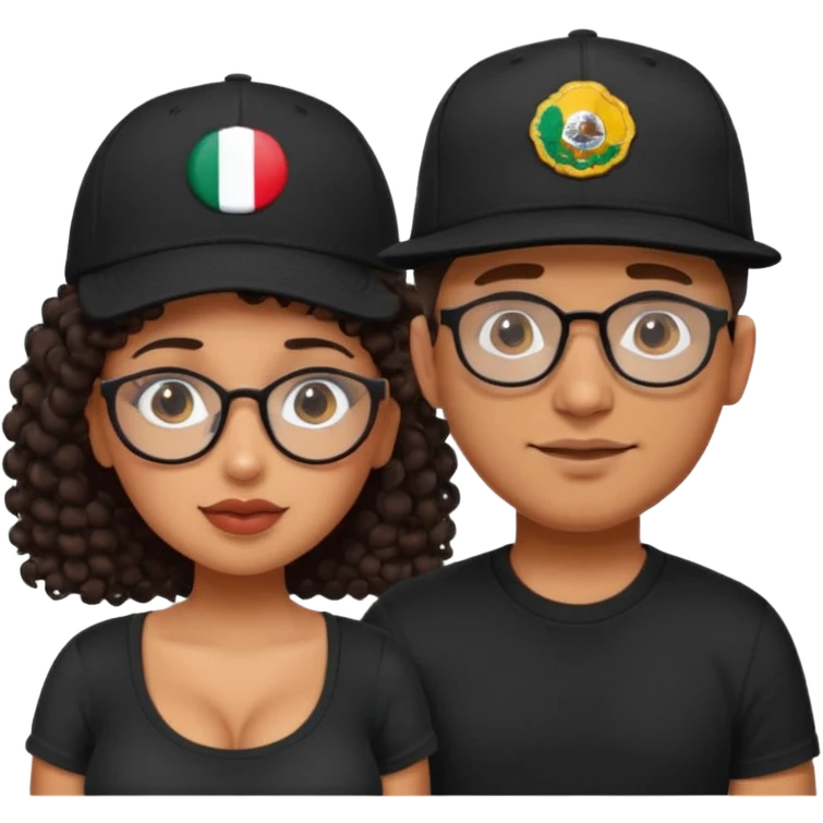 A picture of a cute tanned couple. the man is Mexican, with a bald hair cut wearing a SnapBack hat and a black shirt. the woman is mixed, she has curly longer dark brown hair, thicker and with big boobs and the woman has glasses emoji