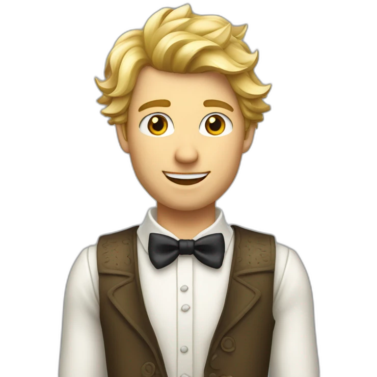 Homme blond décoiffé avec un jabot blanc un gilet de costume long et une chemise à froufrou emoji