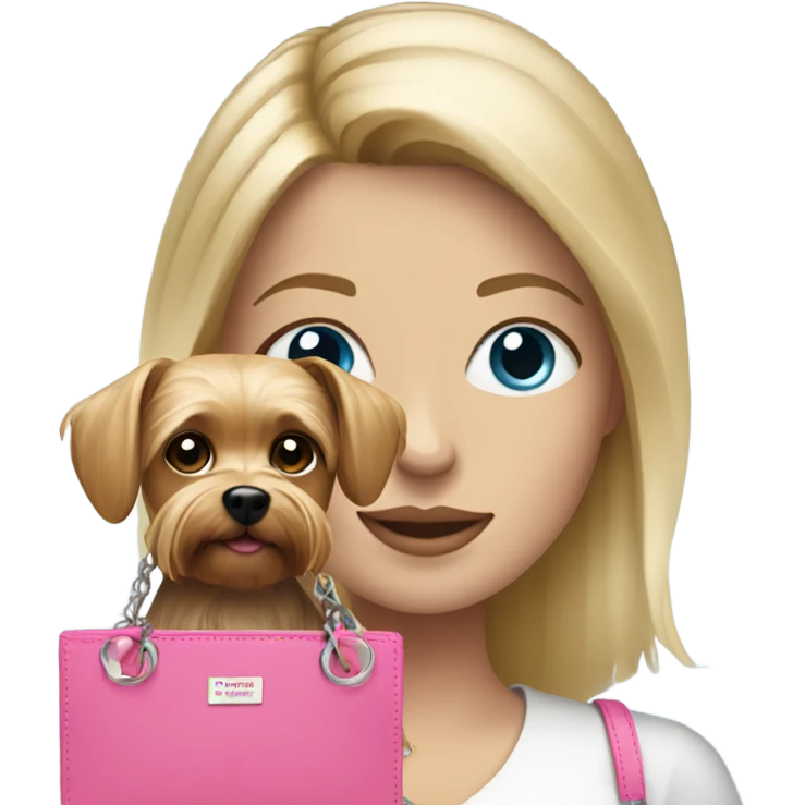 White woman with blonde hair and blue eyes holding pink purse and yorkie dog  emoji