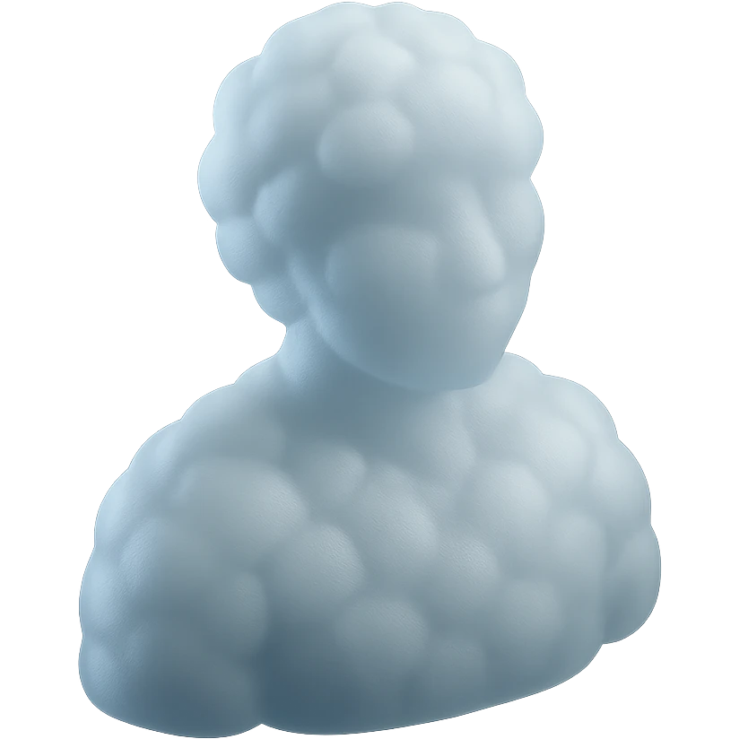 front view of a person composed entirely of white fluffy convex clouds, shoulders visible, matte glass style emoji