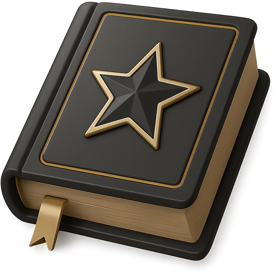 Create a 3D emoji of a robust hardcover rulebook with a matte black cover and sophisticated golden details, no text on the cover, visible annotation details, matching the style of the provided black medal with a golden star, modern and elegant appearance. emoji