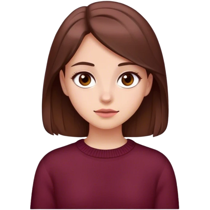 A girl with brown hair smiles, gray-brown eyes, wearing a burgundy sweater emoji