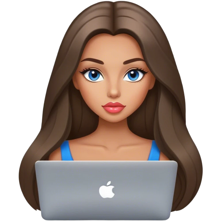 Glamours tanned very beautiful girl with big pump peach lips and dark straight smooth silky long hair, blue-grey eyes with MacBook emoji