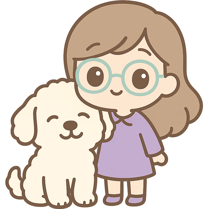 chibi style brunette female with glasses in a purple outfit with her large white or cream colored goldendoodle emoji