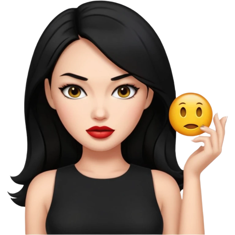 “Emoji girl, femme fatale, black hair. megan fox vibes black dress emoji