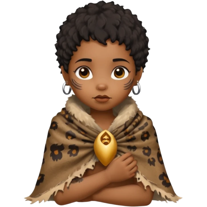 ancient hairy black baby tatooed girl, tattered animal skin shawl emoji