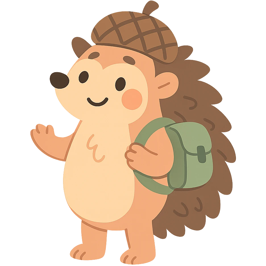 hedgehog with a tiny backpack and acorn hat, muted browns and sage green, pastel-toon style emoji