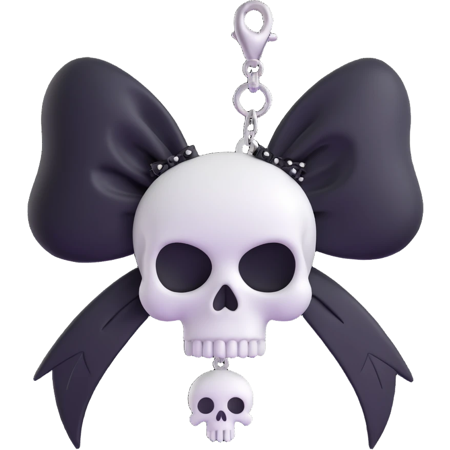 3D emoji gothic bow, white silk, silver skull charm, black feather accents emoji