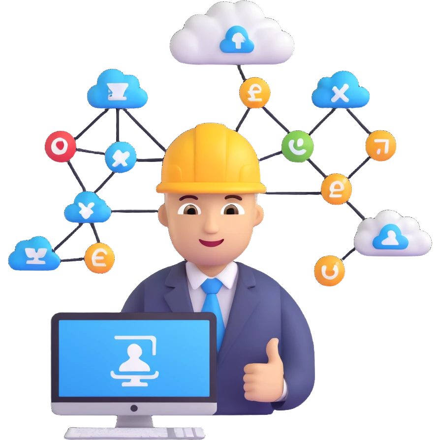 I.T. solution architect emoji with cloud computing icons and digital blueprint, confident expression emoji