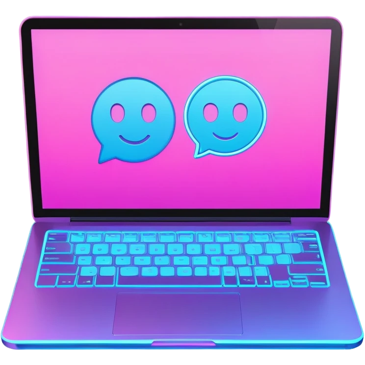 laptop computer with video chat displayed on screen, pink and light blue colors, with neon glow lines, blue neon light on top left, purple neon light on bottom right emoji