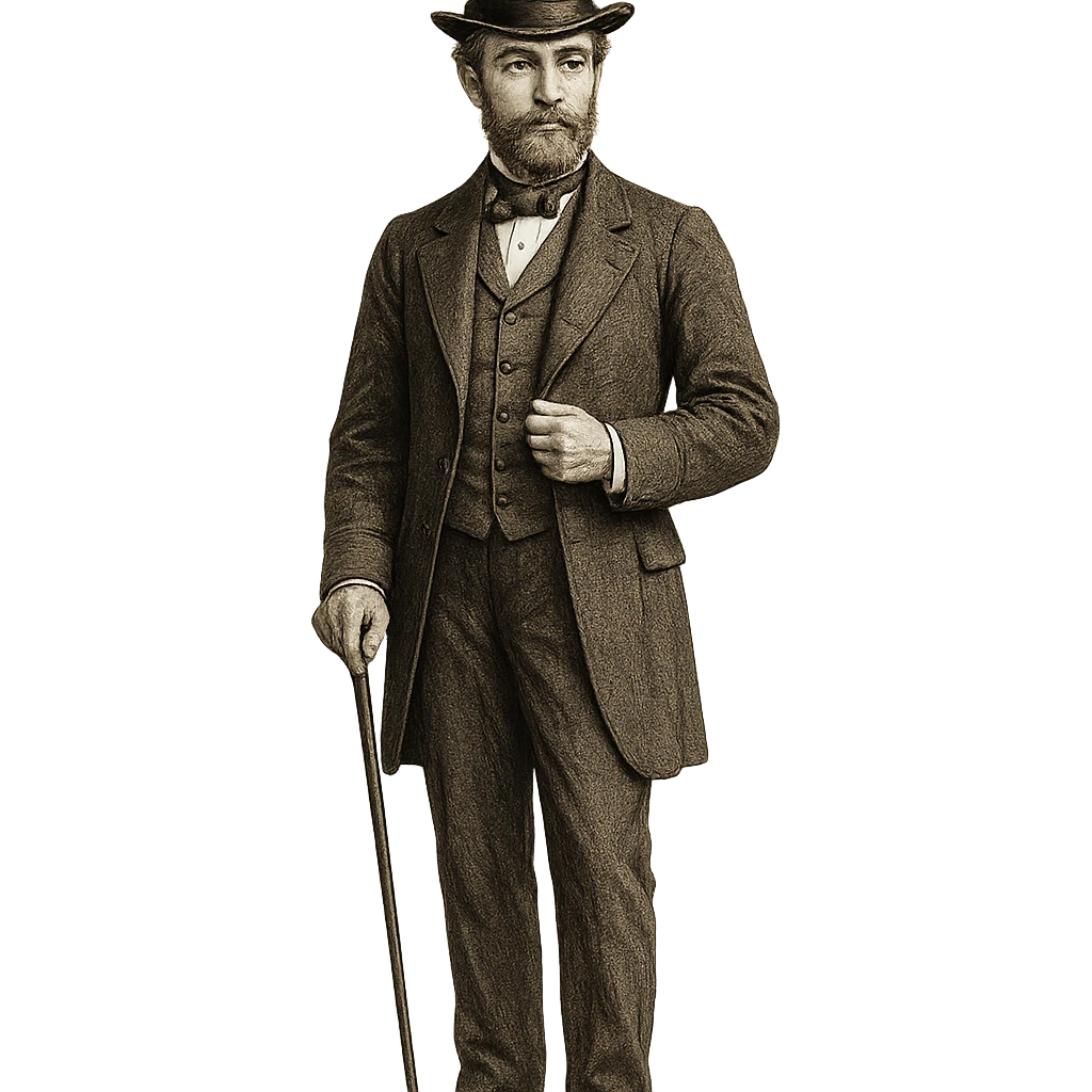 19th century gentleman standing, wearing a top hat, formal Victorian attire, full body, no background, visually engaging style emoji