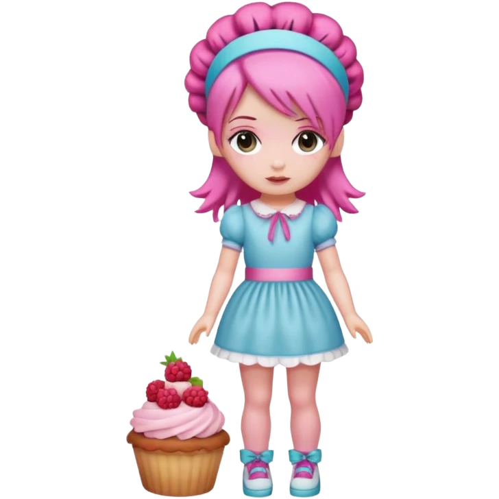 Isolated detaile illustration modern raspberry torte doll figurine full body with pink hair and a raspberry hairband emoji