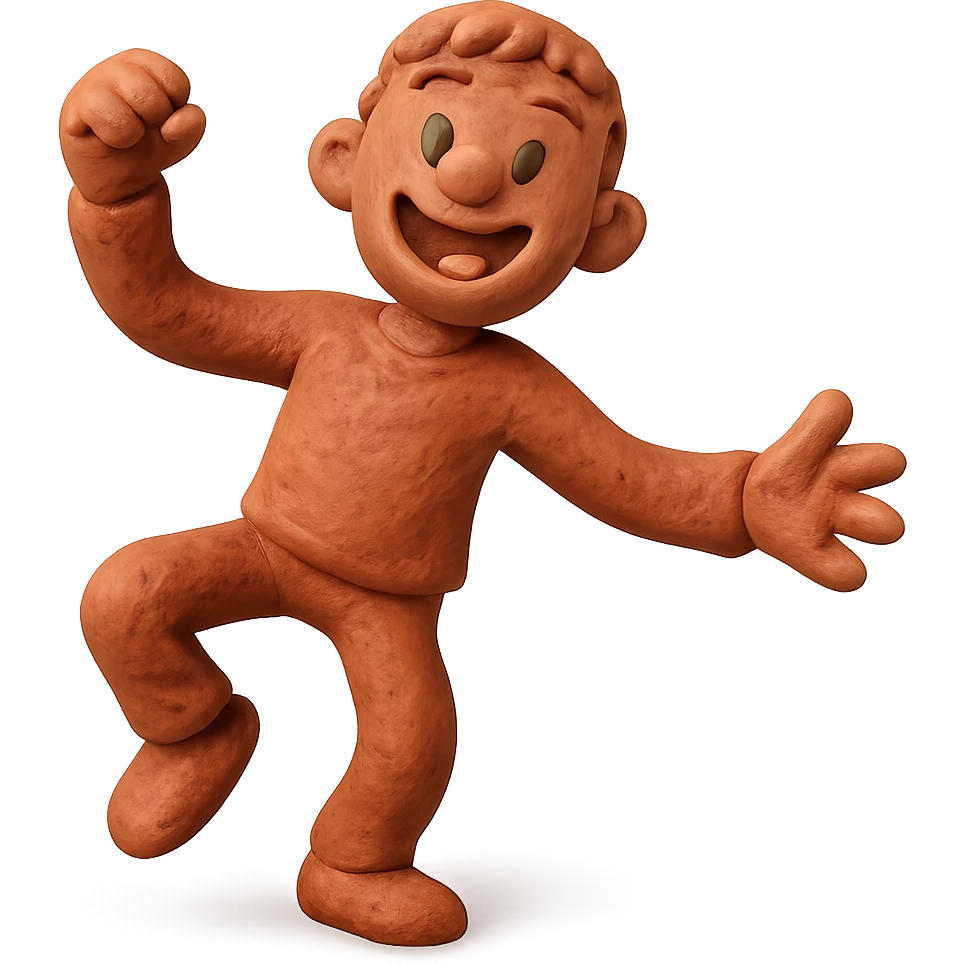 claymation style figure dancing, playful Friday energy emoji