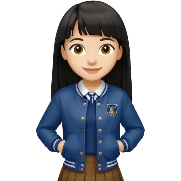 hair : black long hair with fringe 
skin : light 
cloth : brown varsity jacket + navy long long school girl skirt 


 emoji