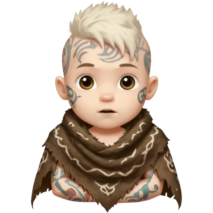ancient hairy white baby tatooed boy, tattered animal skin shawl emoji