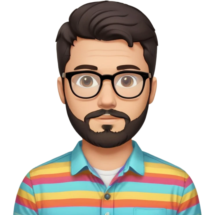 a 30-year-old man with light skin, medium solid build, wide face, soft cheeks, rounded jawline, neutral relaxed expression, short dense full beard, wavy voluminous brown-black hair at the front, large rectangular black thick frame glasses, colorful button-up shirt open showing white t-shirt emoji