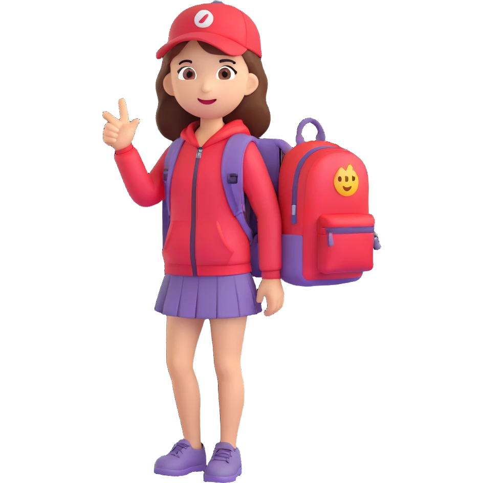 young girl with red backpack, left hand pointing up to the left, emoji style, standing pose emoji