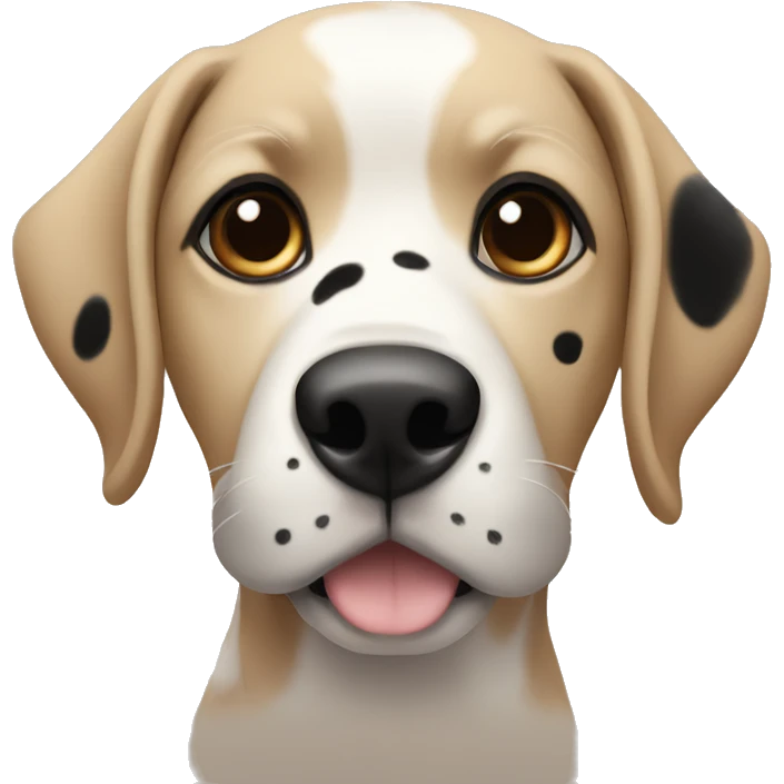a dog with a black face and beige spots around the eyes, ears down emoji