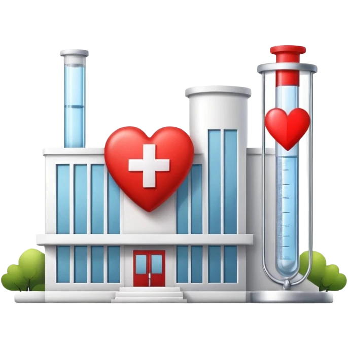 Modern clinic building red cross test tubes heart icon emoji