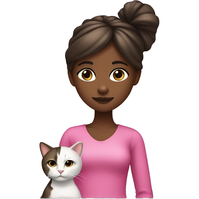 A black girl with straight brown hylight hair, gloss and black eyes, she has a cat who has a pink knot emoji
