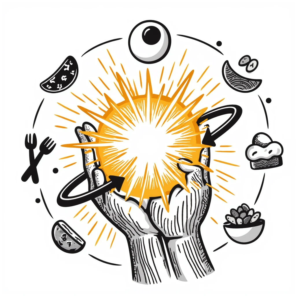 Glowing muscle fibers illuminated from within, vibrating and expanding with energy. Food icons (meat, egg, beans, tofu, yogurt) orbit around the muscle fibers in a warm floating orb. emoji