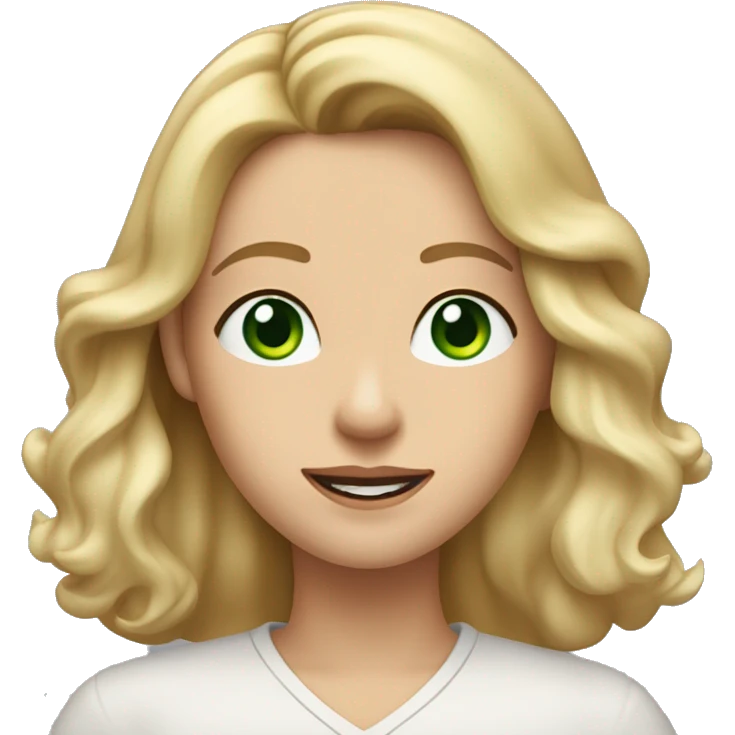 A woman with shoulder-length, wavy blonde hair, green eyes, and fair skin. She is wearing a light-colored shirt and has a neutral to slightly smiling expression. She wears two earrings at the top of her right ear and one earring in each ear. emoji