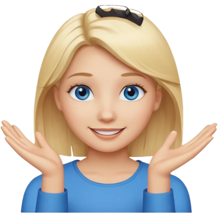 girl with blonde hair and blue eys with heands telling what  emoji