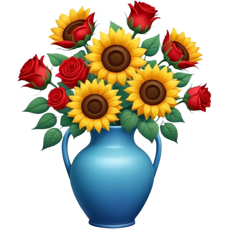 sunflowers and red roses bouquet in a ceramic blue vase emoji
