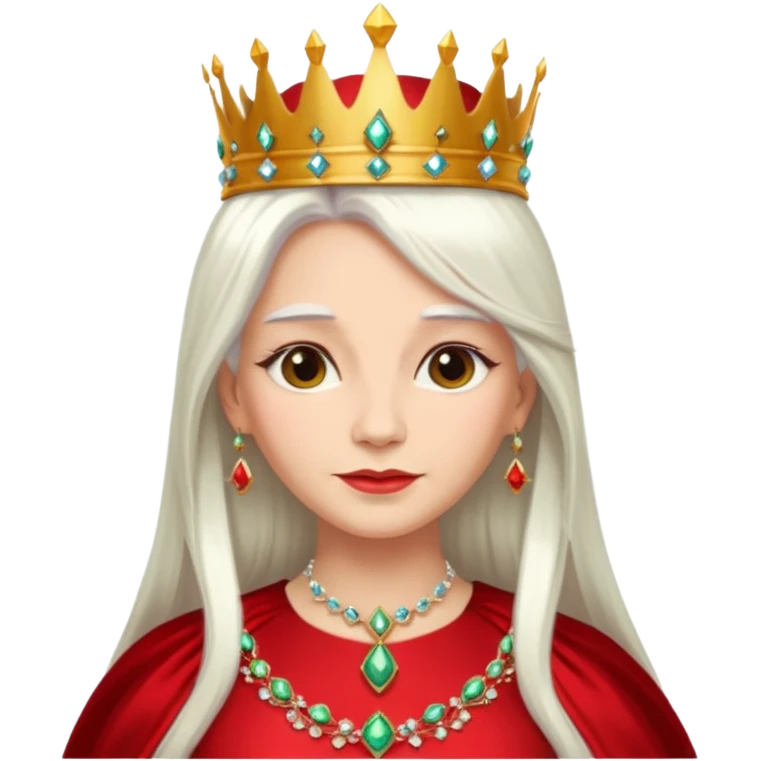 Queen with long white hair – jeweled golden crown, red dress. emoji