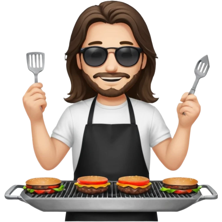 long hair man grilling wearing shade smiling in a white tshirt and a black apron grilling burger and meat on a sizzling grill emoji