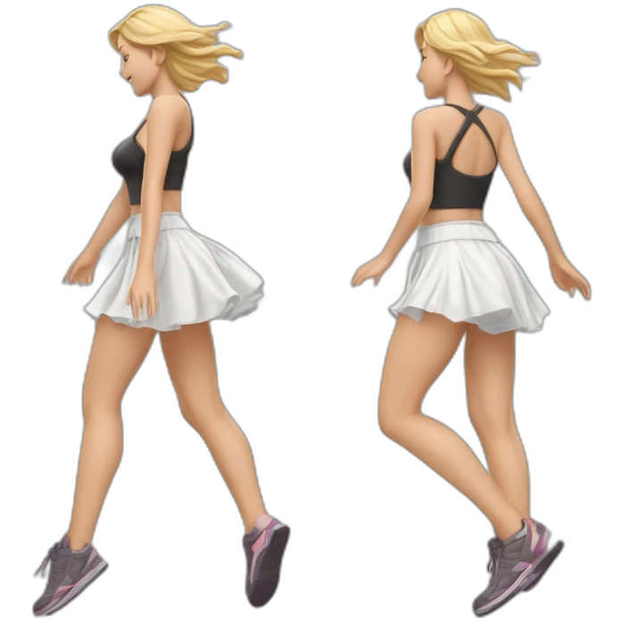 hyperrealistic-full-body-caucasian-curvy-beauty-jumping-small white-skirt-back-and-front-views-strong-wind-knickers emoji